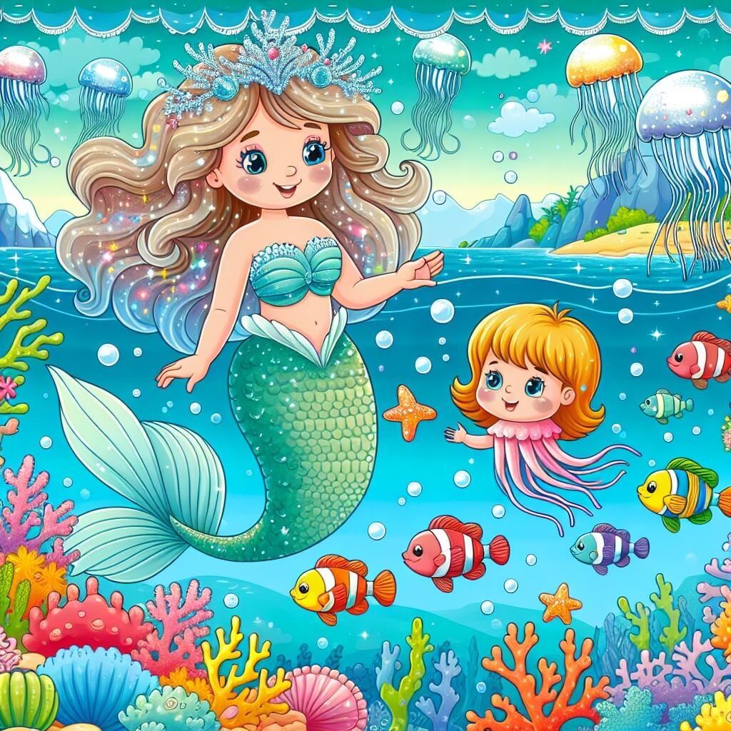 Une illustration destinée aux enfants représentant une magnifique sirène aux cheveux scintillants, nageant dans un royaume sous-marin rempli de coraux colorés, de poissons joyeux et d'une méduse majestueuse, où elle rencontre un petit poisson timide qui apprendra à lui faire confiance.