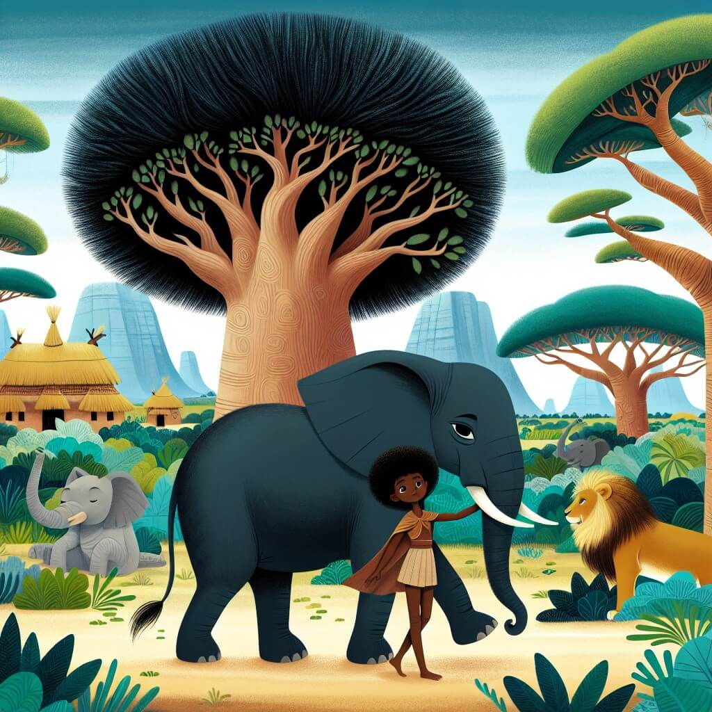 Une illustration destinée aux enfants représentant une femme courageuse aux cheveux noirs comme la nuit, se tenant devant un majestueux Baobab, libérant un éléphant pris au piège, dans un village africain entouré de verdoyantes savanes et de lions majestueux.
