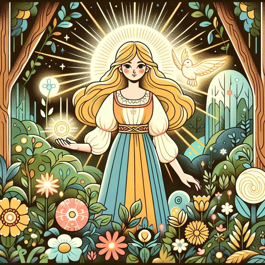 Une illustration destinée aux enfants représentant une jeune femme aux cheveux dorés, debout au milieu d'une forêt enchantée, tenant un talisman magique, avec un petit oiseau lumineux à ses côtés, dans un royaume où les fleurs fleurissent en toutes les couleurs de l'arc-en-ciel.