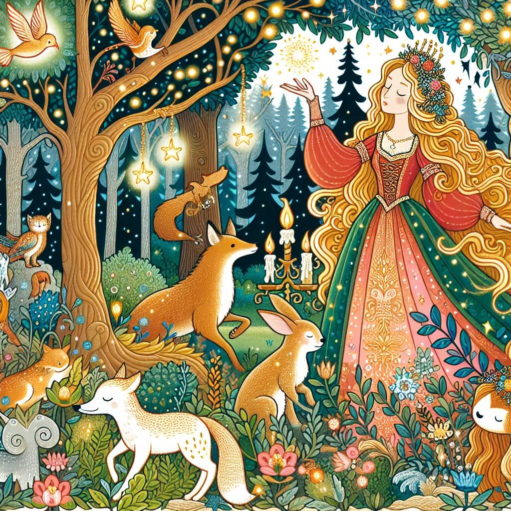 Une illustration destinée aux enfants représentant une femme aux cheveux d'or, entourée d'animaux enchantés et de plantes magiques, dans une forêt incantée où les arbres brillent de mille lumières féeriques.
