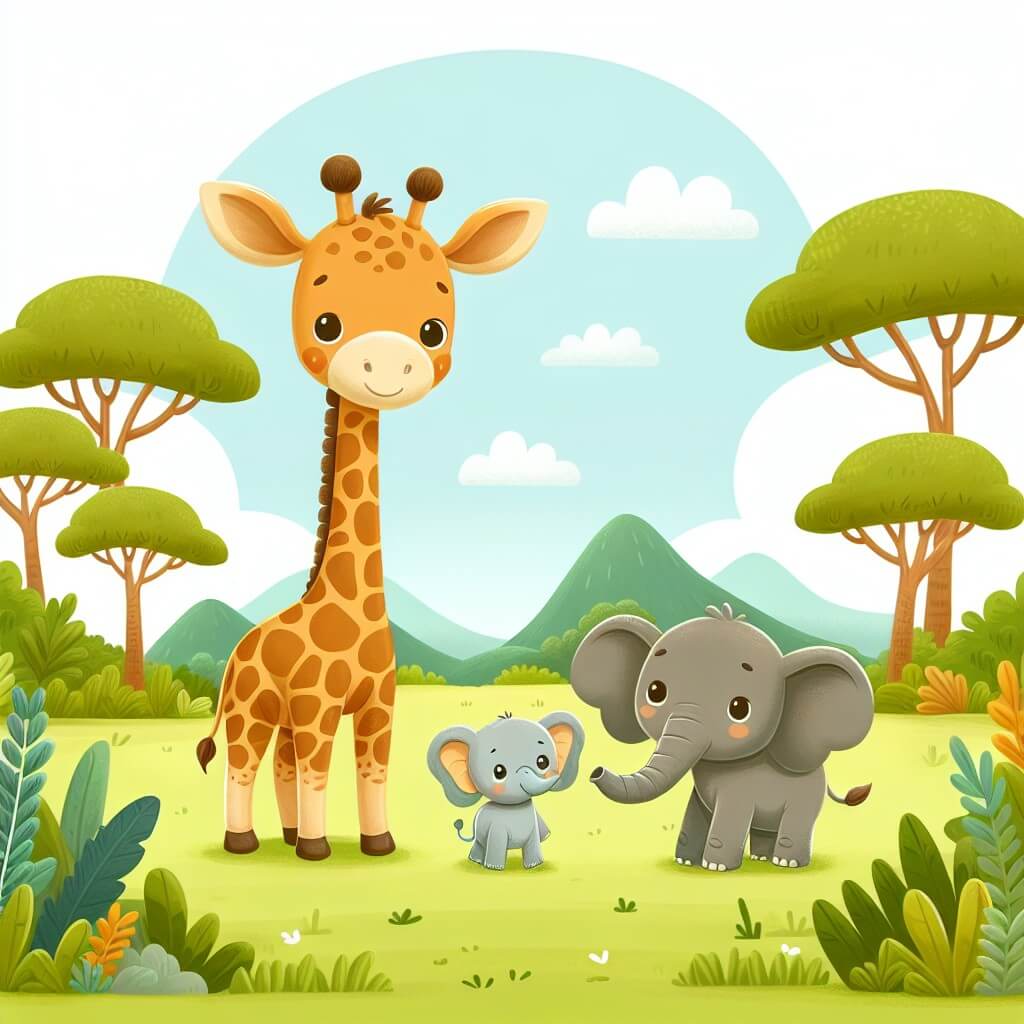 Une illustration destinée aux enfants représentant une girafe curieuse se tenant au milieu d'une savane africaine luxuriante, accompagnée d'un petit éléphant, découvrant ensemble un monde rempli d'animaux et d'aventures.