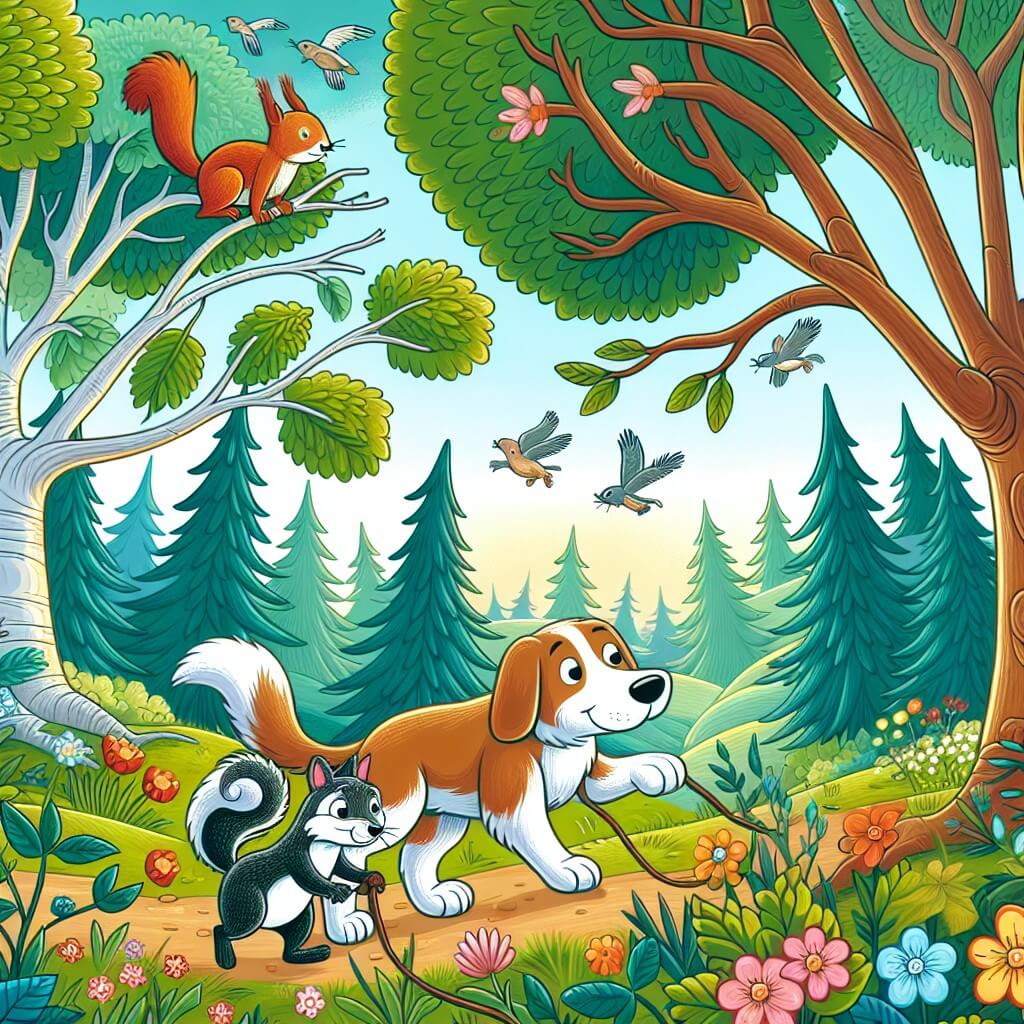 Une illustration destinée aux enfants représentant un chien courageux et débrouillard, se retrouvant dans une forêt enchantée avec l'aide d'un drôle d'écureuil, entourés de majestueux arbres aux branches touffues et de fleurs colorées qui dansent au rythme du vent printanier.