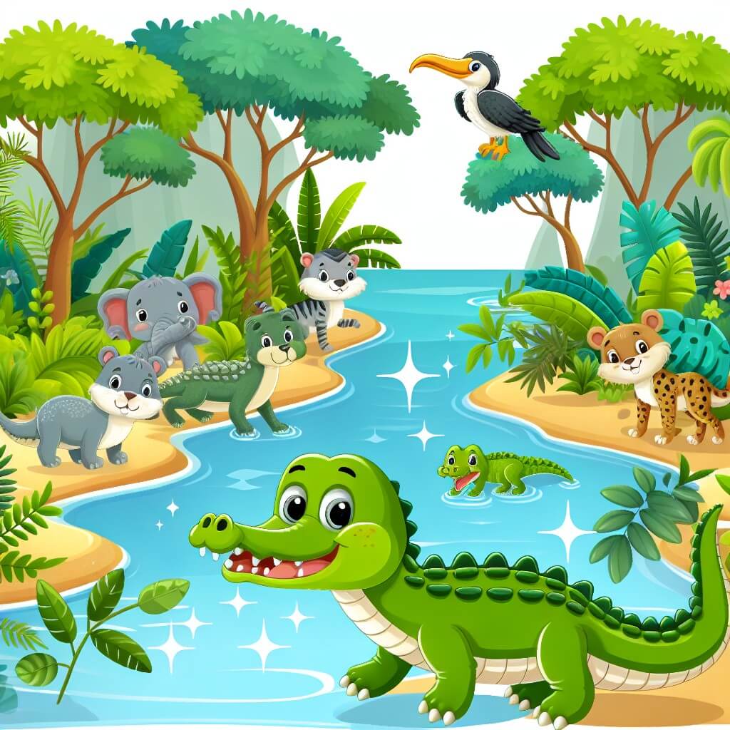 Une illustration destinée aux enfants représentant un jeune crocodile curieux évoluant dans une luxuriante jungle, accompagné d'animaux exotiques, au bord d'une rivière scintillante.
