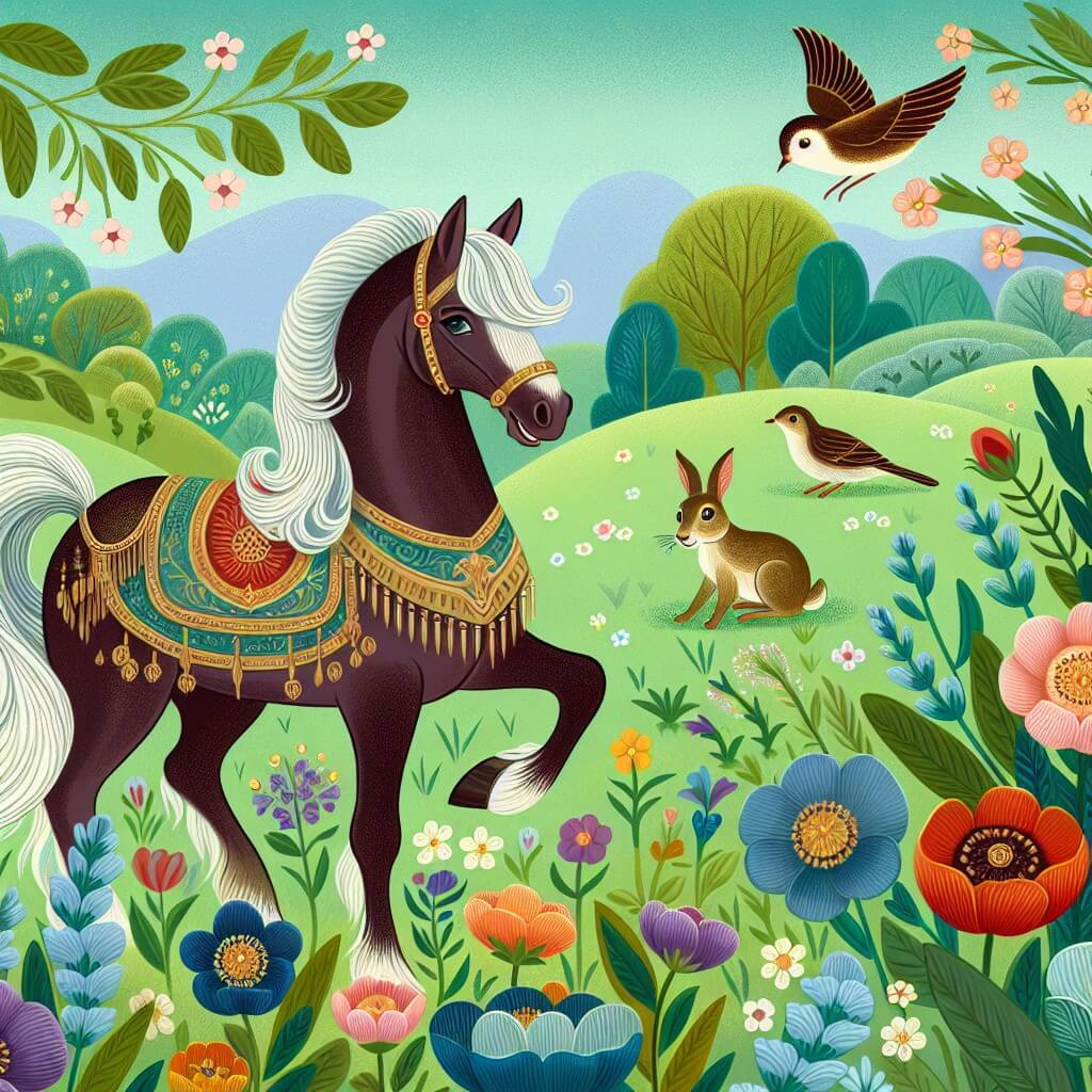 Une illustration destinée aux enfants représentant un magnifique cheval au pelage luisant, se tenant fièrement dans un prato verdoyant entouré de fleurs colorées, tandis qu'un petit oiseau triste cherche de l'aide et une timide lepre observe avec curiosité.