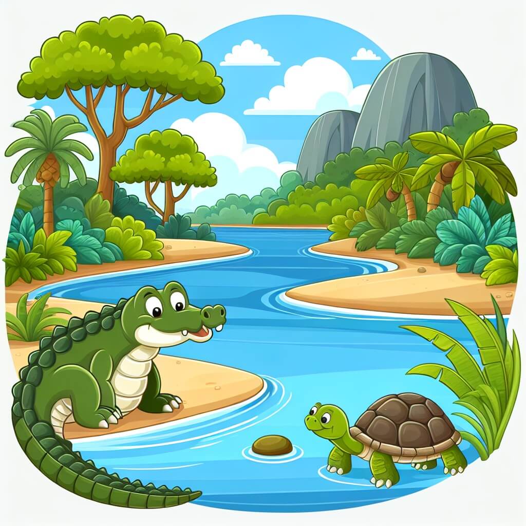 Une illustration destinée aux enfants représentant un adorable crocodile curieux, se trouvant au bord d'un magnifique fleuve entouré d'une luxuriante jungle, avec à ses côtés une sage tortue.