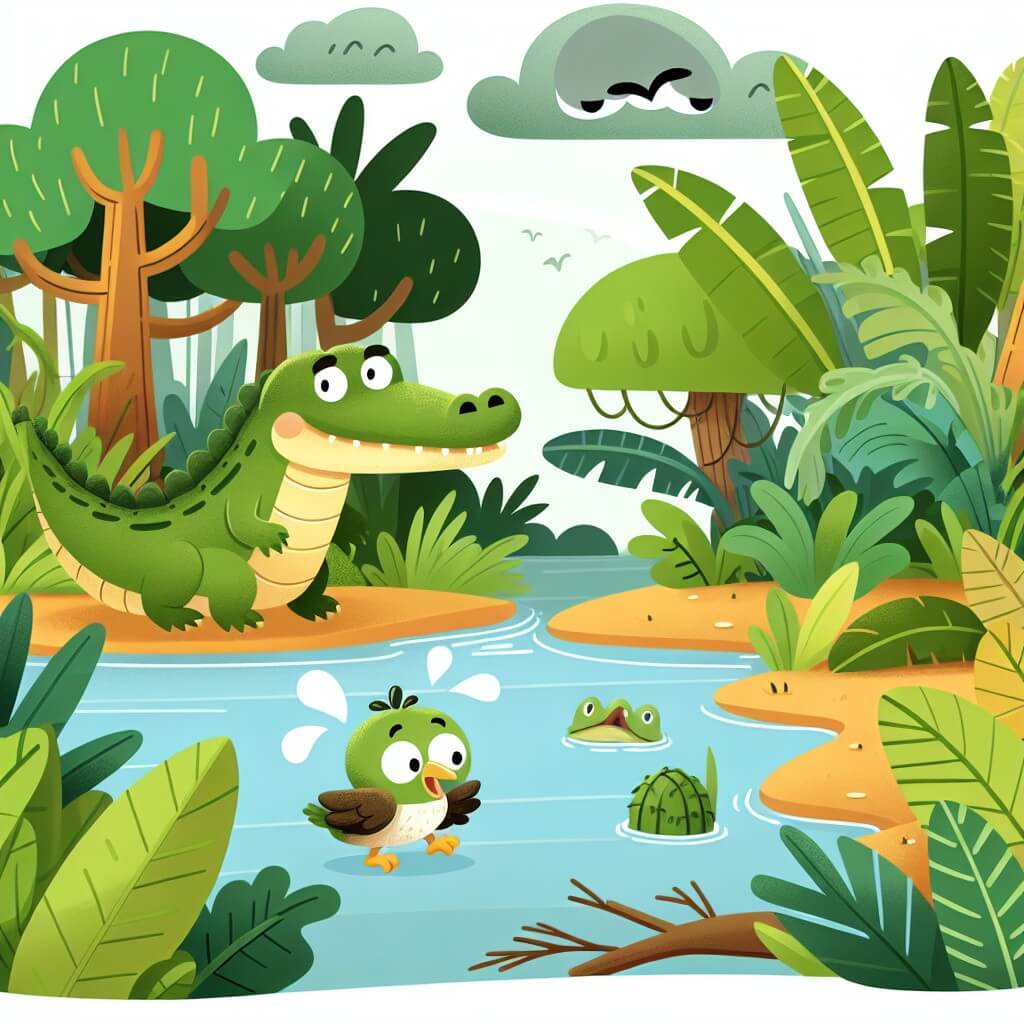Une illustration destinée aux enfants représentant un crocodile curieux se trouvant dans une dense jungle, accompagné d'un petit oiseau effrayé, à la recherche d'un nouveau nid après la destruction de son habitat par une tempête.
