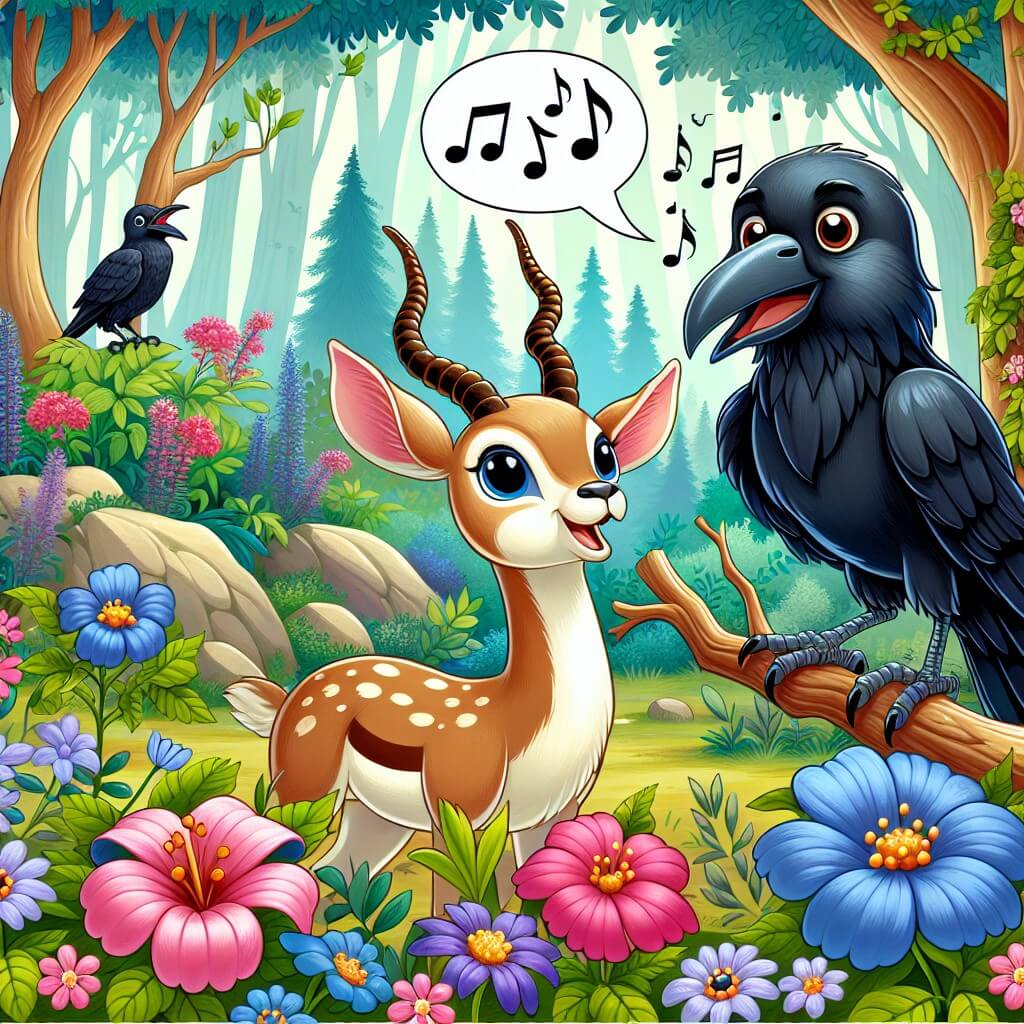 Une illustration destinée aux enfants représentant un corbeau curieux perché sur une branche, découvrant un chant mystérieux dans une forêt enchantée, en compagnie d'une gazelle bavarde, entourés de fleurs colorées et d'arbres majestueux.