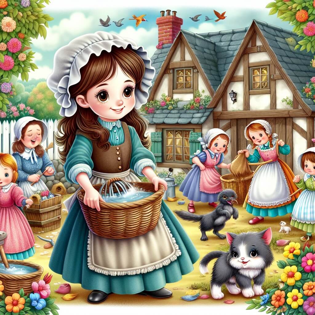 Une illustration destinée aux enfants représentant une jeune fille au doux visage, vêtue d'une robe défraîchie, accomplissant des tâches ménagères dans une petite maison de campagne, entourée de sa méchante belle-mère, ses deux insupportables demi-sœurs et une multitude d'animaux domestiques, dans un décor enchanteur où les fleurs colorées s'épanouissent joyeusement et les oiseaux chantent gaiement.