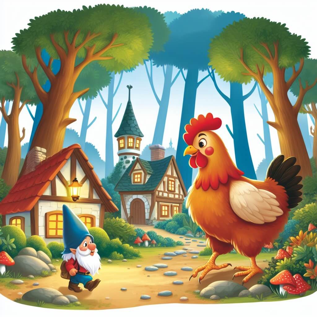 Une illustration destinée aux enfants représentant une poule courageuse et curieuse, se trouvant dans une forêt enchantée, accompagnée d'un petit lutin, dans le village pittoresque d'Émeraudeville.