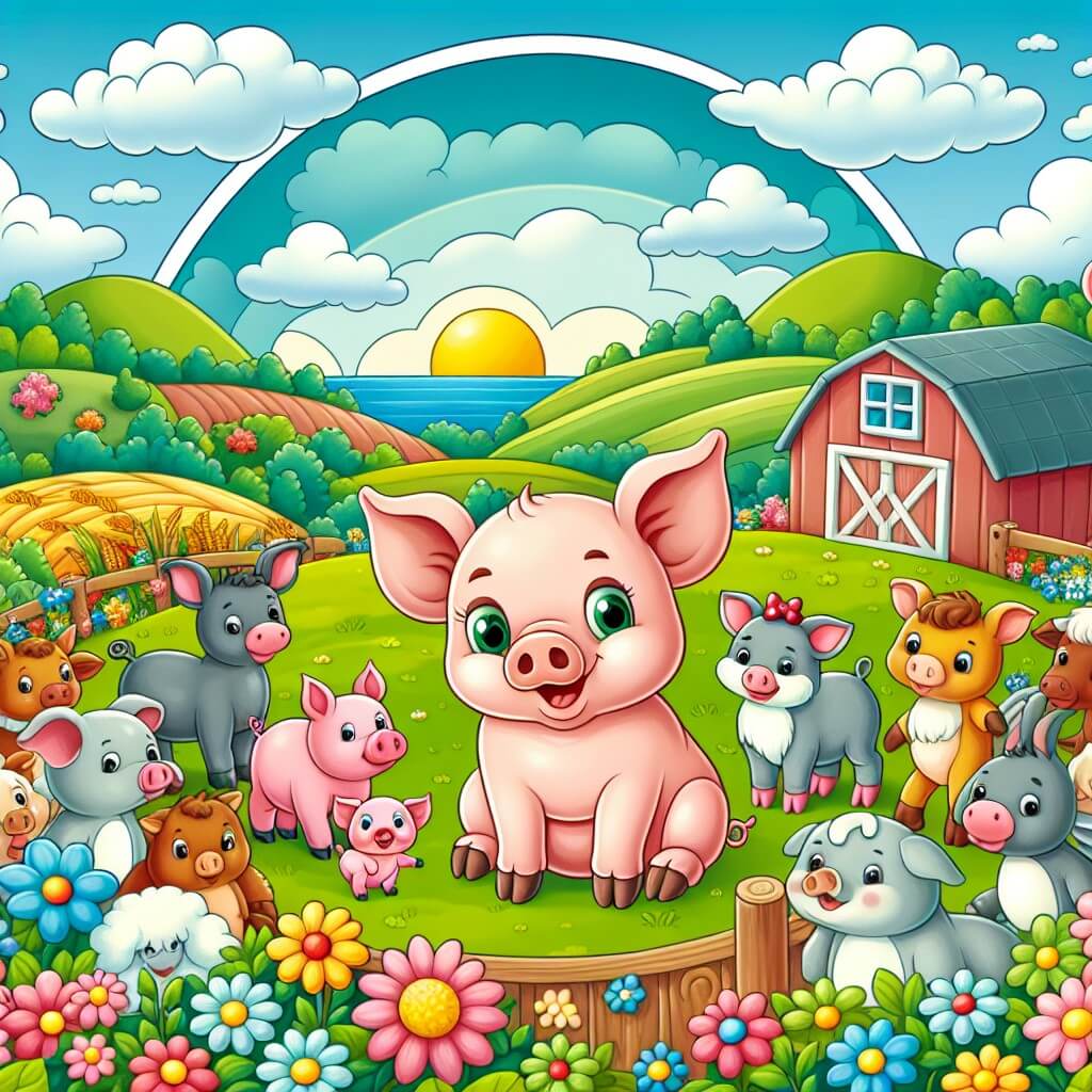 Une illustration destinée aux enfants représentant un petit cochon curieux, se trouvant dans une ferme pittoresque entourée de collines verdoyantes et de champs de fleurs colorées, faisant la rencontre d'animaux sympathiques lors de son voyage vers la mer.