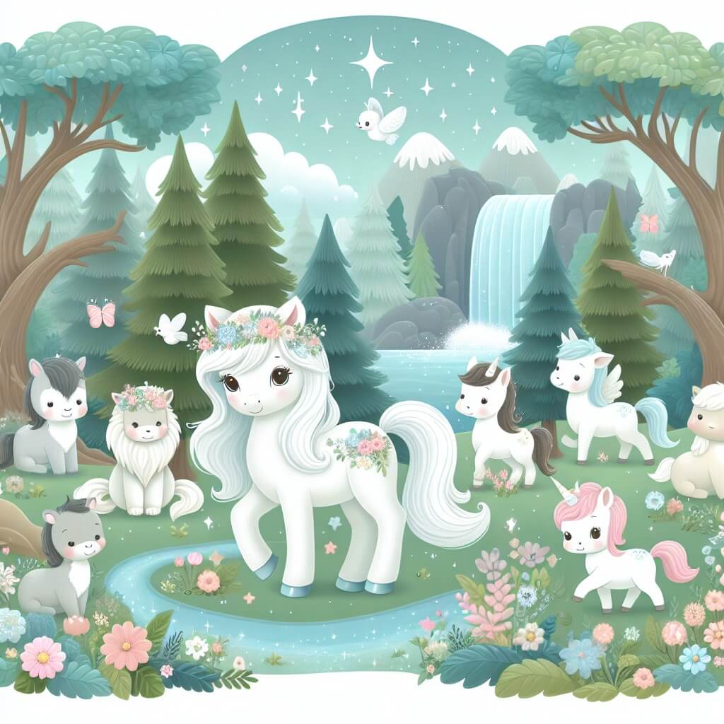 Une illustration destinée aux enfants représentant un élégant cheval blanc, rêveur, entouré d'autres animaux, dans une magnifique forêt enchantée avec des arbres majestueux, des fleurs colorées et une cascade scintillante.