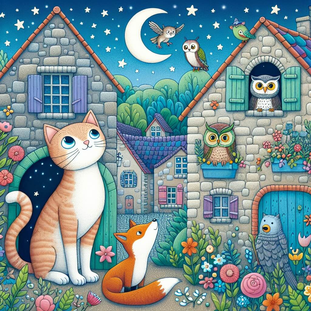 Une illustration destinée aux enfants représentant un chat curieux, se retrouvant dans un village enchanté, accompagné d'une sage chouette et d'une rusée renarde, alors qu'ils observent le ciel étoilé depuis le jardin fleuri d'une vieille maison en pierre aux volets colorés.