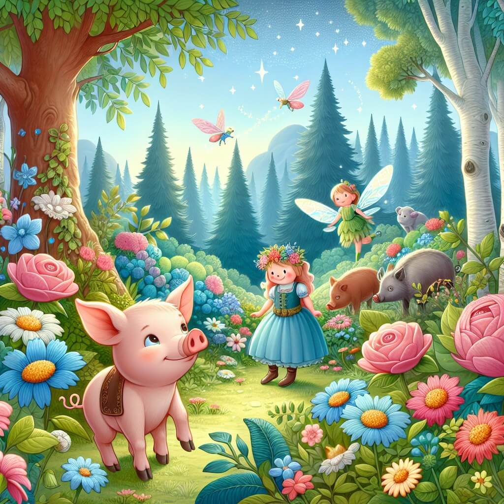 Une illustration destinée aux enfants représentant un petit cochon curieux qui rencontre une fée dans une forêt enchantée remplie de fleurs colorées et d'arbres majestueux.