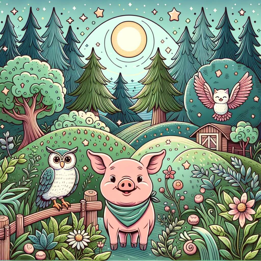Une illustration destinée aux enfants représentant un joyeux cochon curieux qui se trouve dans une ferme enchantée, accompagné d'un sage gufo, dans une forêt magique entourée de prairies verdoyantes et d'arbres majestueux.