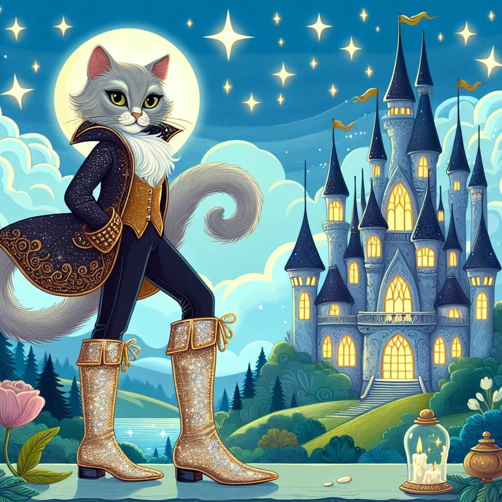 Une illustration destinée aux enfants représentant un félin rusé et élégant, portant des bottes étincelantes, se tenant devant un somptueux château enchanté, tandis que des rayons de lune illuminent le paysage fantastique, évoquant ainsi l'histoire d'un célèbre chat botté réinventé.