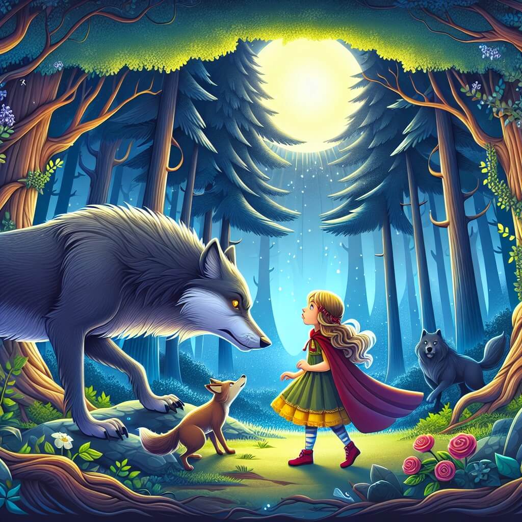 Une illustration destinée aux enfants représentant une petite fille courageuse, une situation de rencontre avec un grand méchant loup, un compagnon inattendu, au cœur d'une forêt mystérieuse avec des arbres majestueux et une ambiance magique.