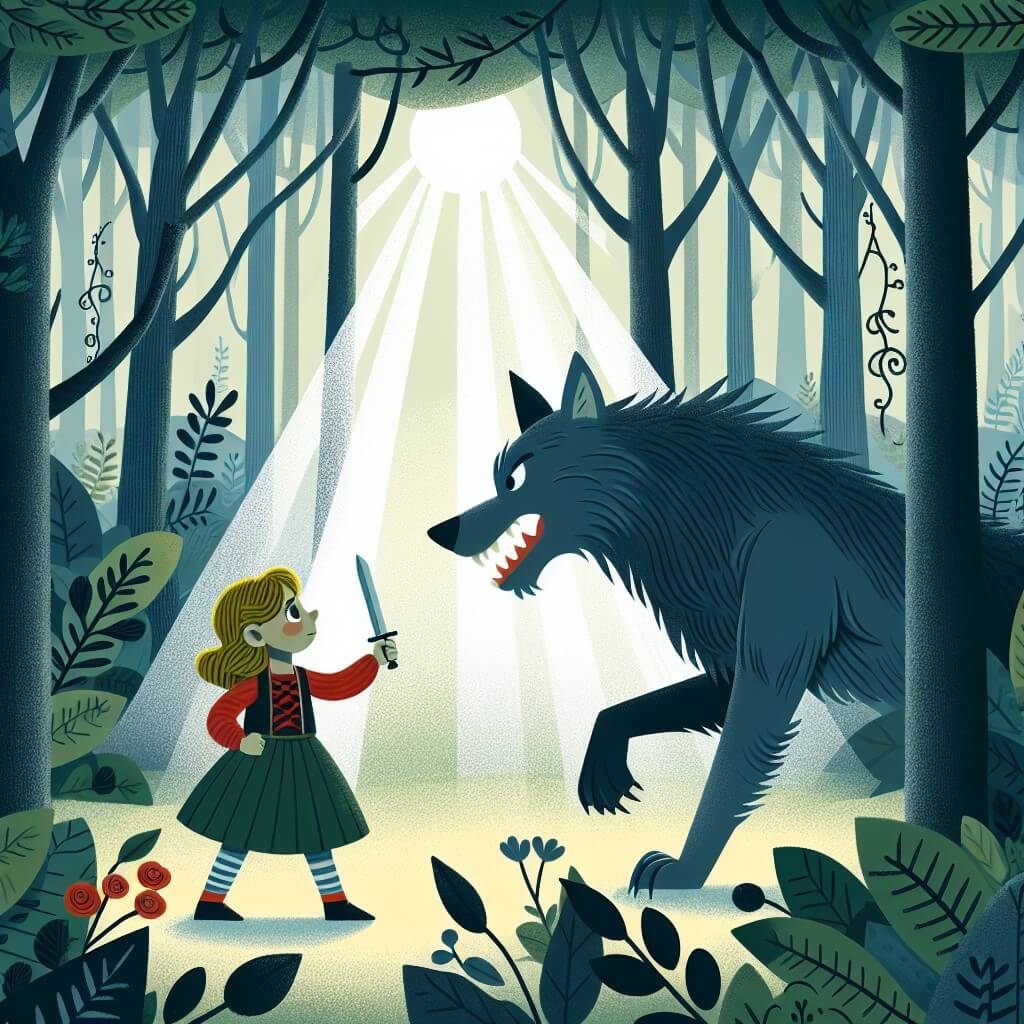 Une illustration destinée aux enfants représentant une jeune fille courageuse et déterminée, faisant face au grand méchant loup dans une forêt dense et mystérieuse, avec des arbres touffus et des rayons de soleil qui filtrent à travers les feuilles.