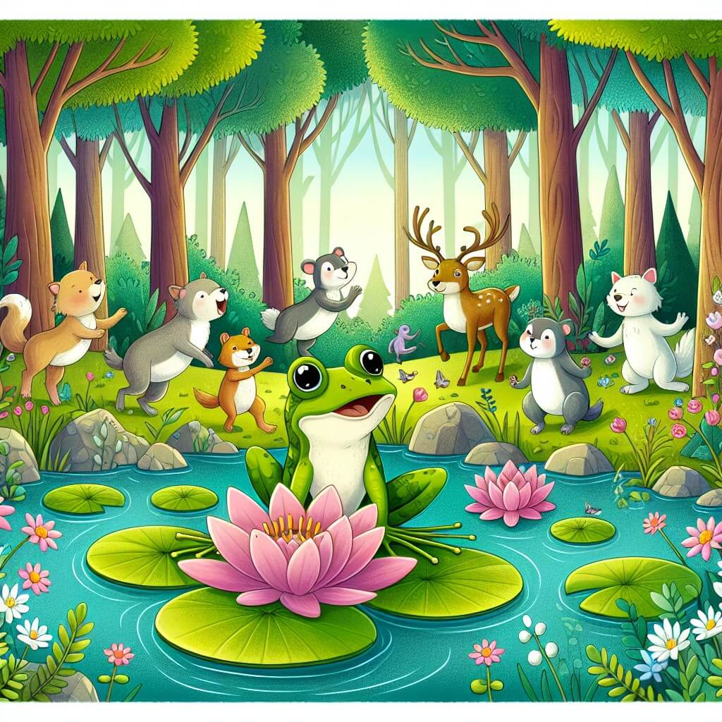 Une illustration destinée aux enfants représentant une grenouille curieuse se trouvant dans un magnifique étang entouré de nénuphars, avec en arrière-plan un bois enchanté où les animaux dansent et chantent joyeusement.