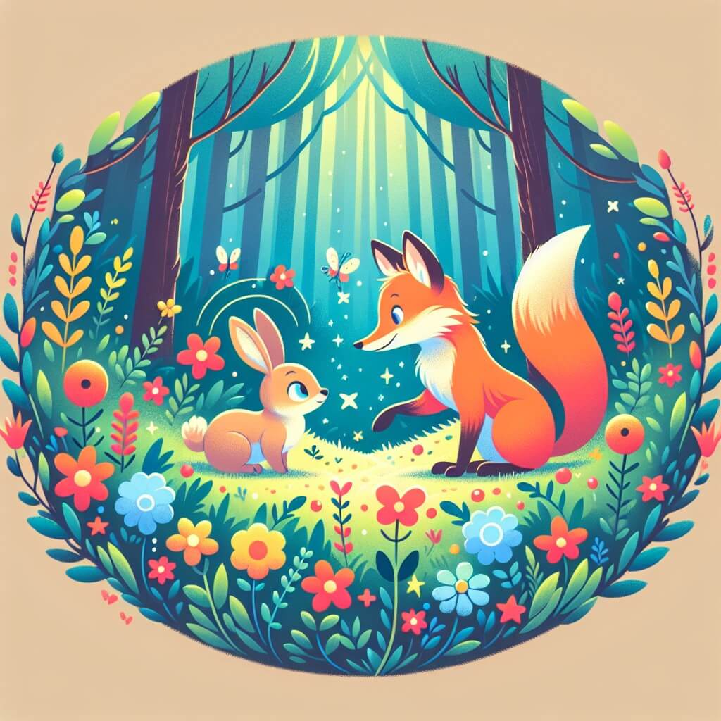 Une illustration destinée aux enfants représentant un renard malicieux, se liant d'amitié avec un petit lapin timide, dans une clairière enchantée de la forêt, où les fleurs colorées dansent au rythme de leur complicité.