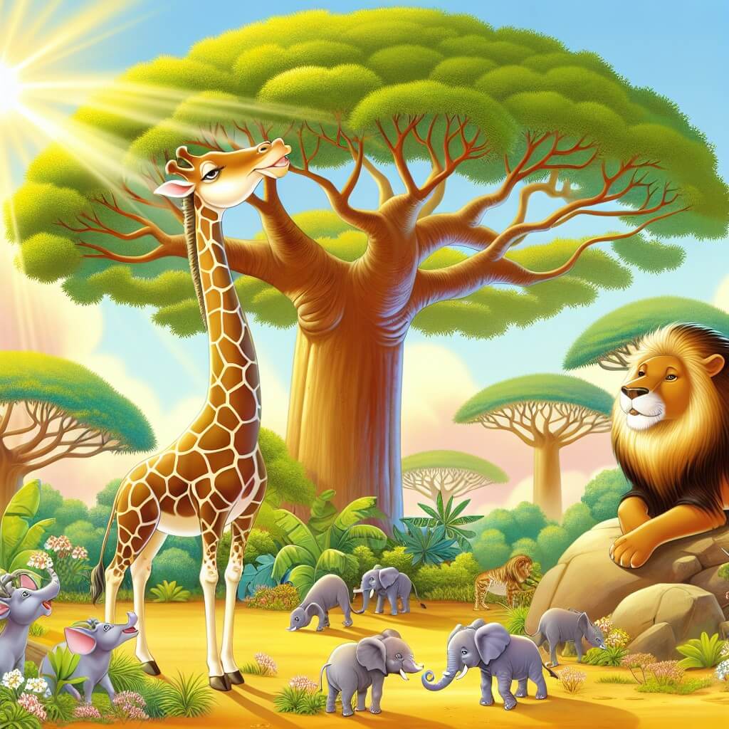 Une illustration destinée aux enfants représentant une girafe altière et élégante, se moquant des animaux plus petits, dans une savane luxuriante où les rayons du soleil filtrent à travers les feuilles des baobabs majestueux, tandis qu'un vieux lion sage observe la scène avec bienveillance depuis un rocher surplombant.