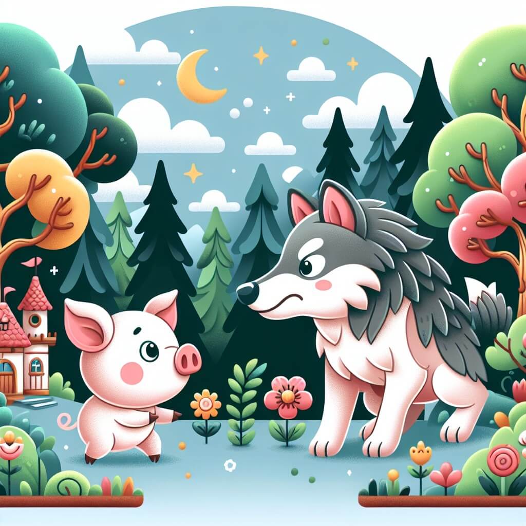Une illustration destinée aux enfants représentant un adorable petit cochon aux oreilles roses, confronté à un loup féroce, dans un village enchanté entouré d'arbres majestueux et de fleurs colorées.
