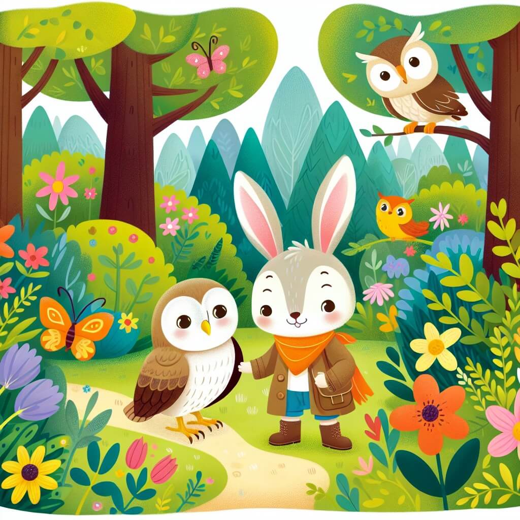 Une illustration destinée aux enfants représentant un adorable lapin aventurier, se liant d'amitié avec un mystérieux gufo sage, dans une forêt luxuriante remplie de fleurs colorées et d'arbres majestueux.