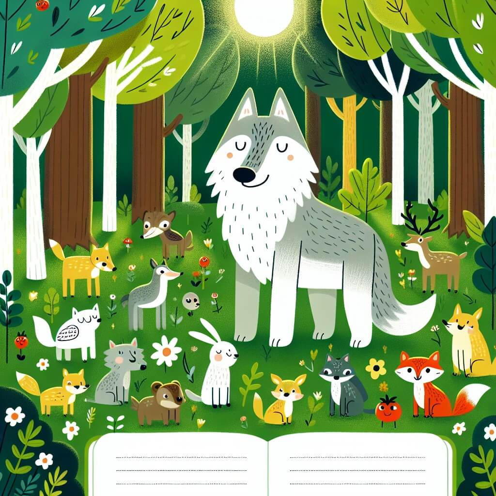 Une illustration destinée aux enfants représentant un loup bienveillant, entouré d'animaux de la forêt, dans un magnifique bosquet verdoyant où les rayons du soleil filtrent à travers les feuilles.