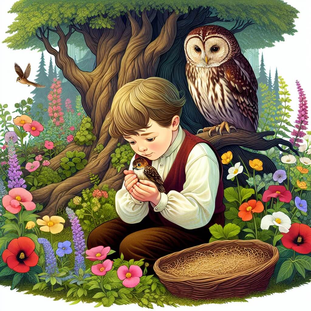 Une illustration destinée aux enfants représentant un jeune garçon curieux, tenant délicatement un petit oiseau blessé, dans un jardin luxuriant rempli de fleurs colorées et d'arbres majestueux, tandis qu'un sage gufo observe attentivement depuis un grand arbre centenaire.