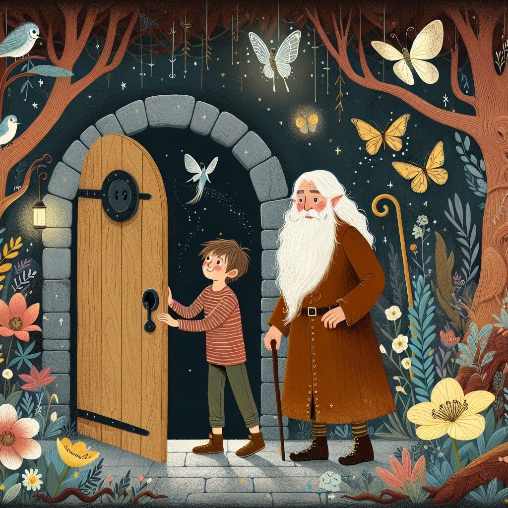 Une illustration destinée aux enfants représentant un jeune garçon intrépide, se tenant devant une porte secrète dans une cave sombre et poussiéreuse, accompagné d'un elfe bienveillant avec une longue barbe blanche, dans un monde féerique rempli de grands arbres, de fleurs lumineuses, de farfalle virevoltantes et d'oiseaux chantant dans une forêt enchantée.