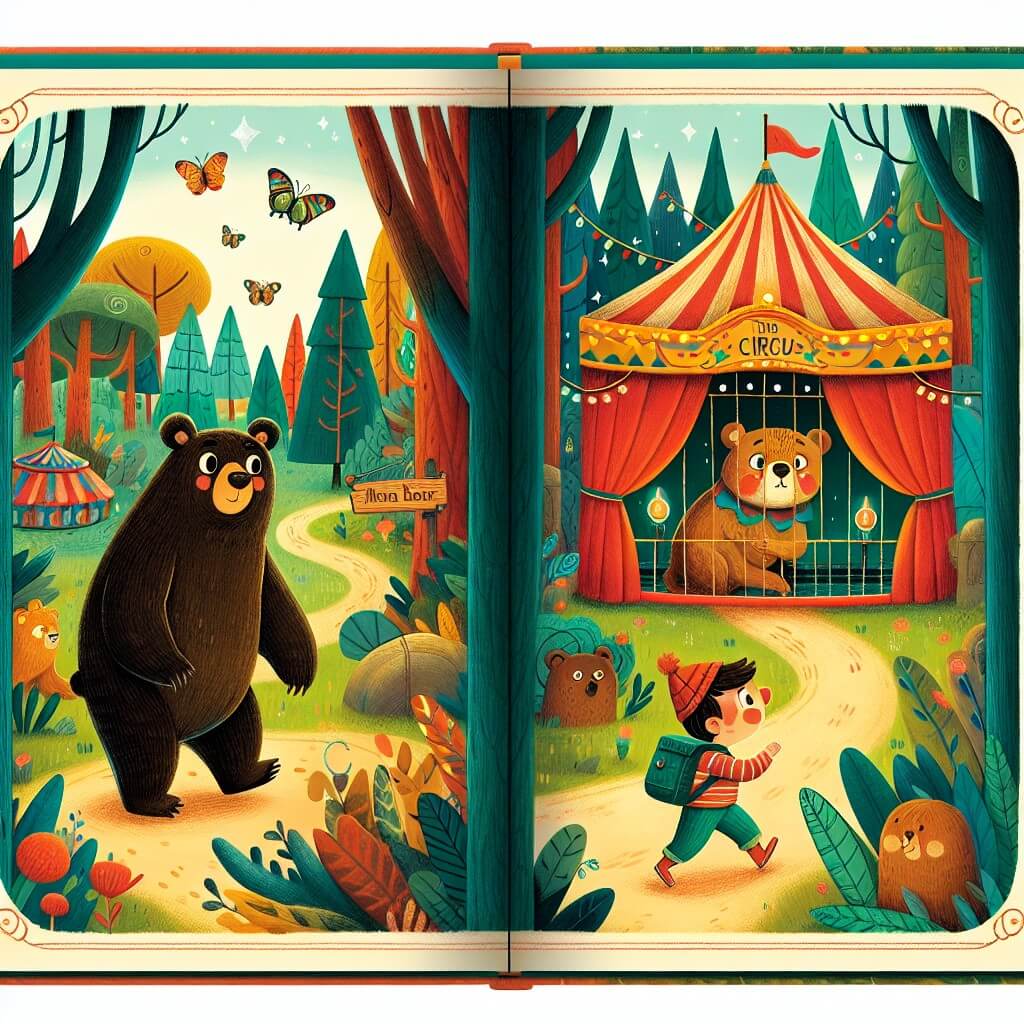 Une illustration destinée aux enfants représentant un ours curieux, évoluant dans une forêt enchantée, accompagné d'un ami enfant, à la découverte d'un cirque coloré où un autre ours triste est emprisonné dans une petite cage.