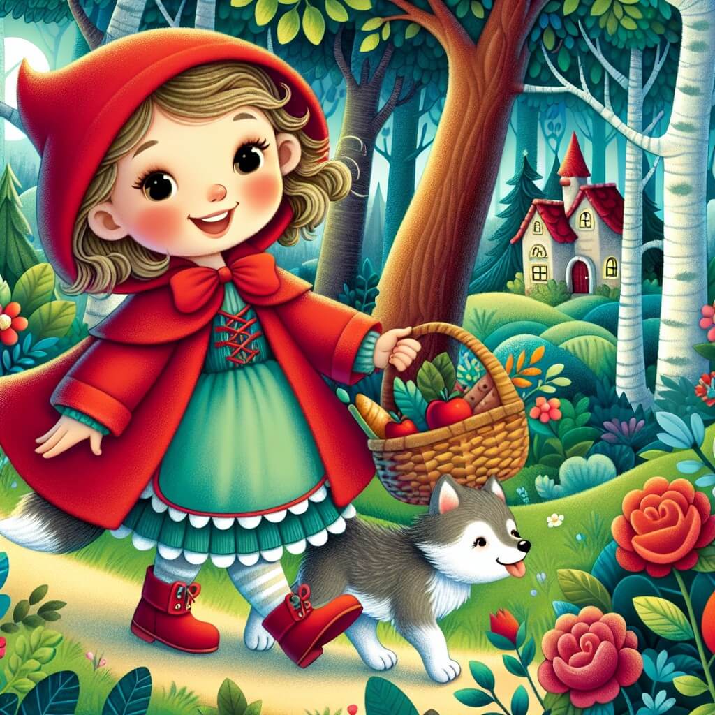Une illustration destinée aux enfants représentant une jeune fille au joyeux manteau rouge, marchant avec une corbeille de nourriture à travers une forêt enchantée remplie d'arbres majestueux, où elle rencontre un loup amical et découvre la maison douillette de sa grand-mère.