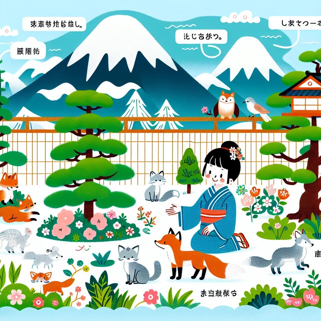 Une illustration destinée aux enfants représentant une femme bienveillante, entourée d'animaux, découvrant un renard roux égaré dans son jardin fleuri, situé au pied des majestueuses montagnes du Japon.