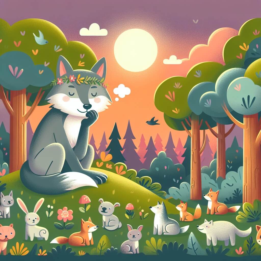 Une illustration destinée aux enfants représentant un loup rêveur, assis sur une colline verdoyante, entouré d'animaux curieux, dans une forêt enchantée baignée par les couleurs chaudes d'un coucher de soleil.
