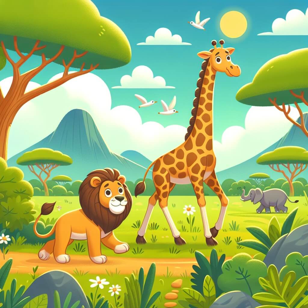 Une illustration destinée aux enfants représentant une girafe curieuse, se baladant dans une savane luxuriante, accompagnée d'un lion solitaire, découvrant de nouveaux amis et aventures passionnantes.