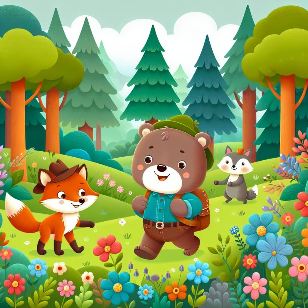 Une illustration destinée aux enfants représentant un ourson curieux et aventurier, accompagné d'un renard malicieux, explorant une forêt enchantée remplie de fleurs colorées, d'arbres majestueux et d'animaux souriants.