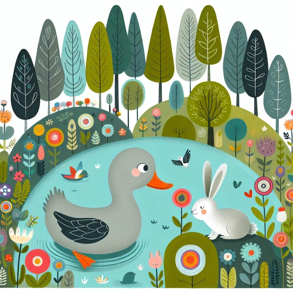 Une illustration destinée aux enfants représentant un canard gris, différent des autres, qui part à la découverte du monde, accompagné d'un sage lapin, à la recherche d'un lac enchanteur entouré d'une forêt luxuriante remplie de fleurs colorées et d'arbres majestueux.