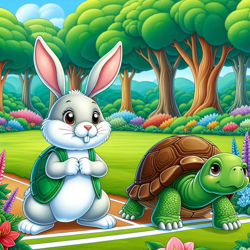 Une illustration destinée aux enfants représentant un adorable lapin aux grandes oreilles, se tenant sur la ligne de départ d'une course, avec une tortue sage et déterminée à ses côtés, dans un magnifique bosquet verdoyant, rempli de fleurs colorées et d'arbres majestueux.
