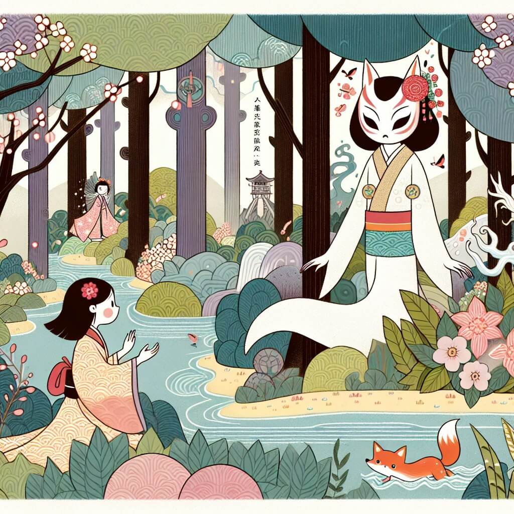 Une illustration destinée aux enfants représentant une femme curieuse et aimante, se promenant dans un magnifique bosquet enchanteur du Japon, où elle rencontre une yūrei triste et un renard magique, donnant ainsi vie à un conte merveilleux.