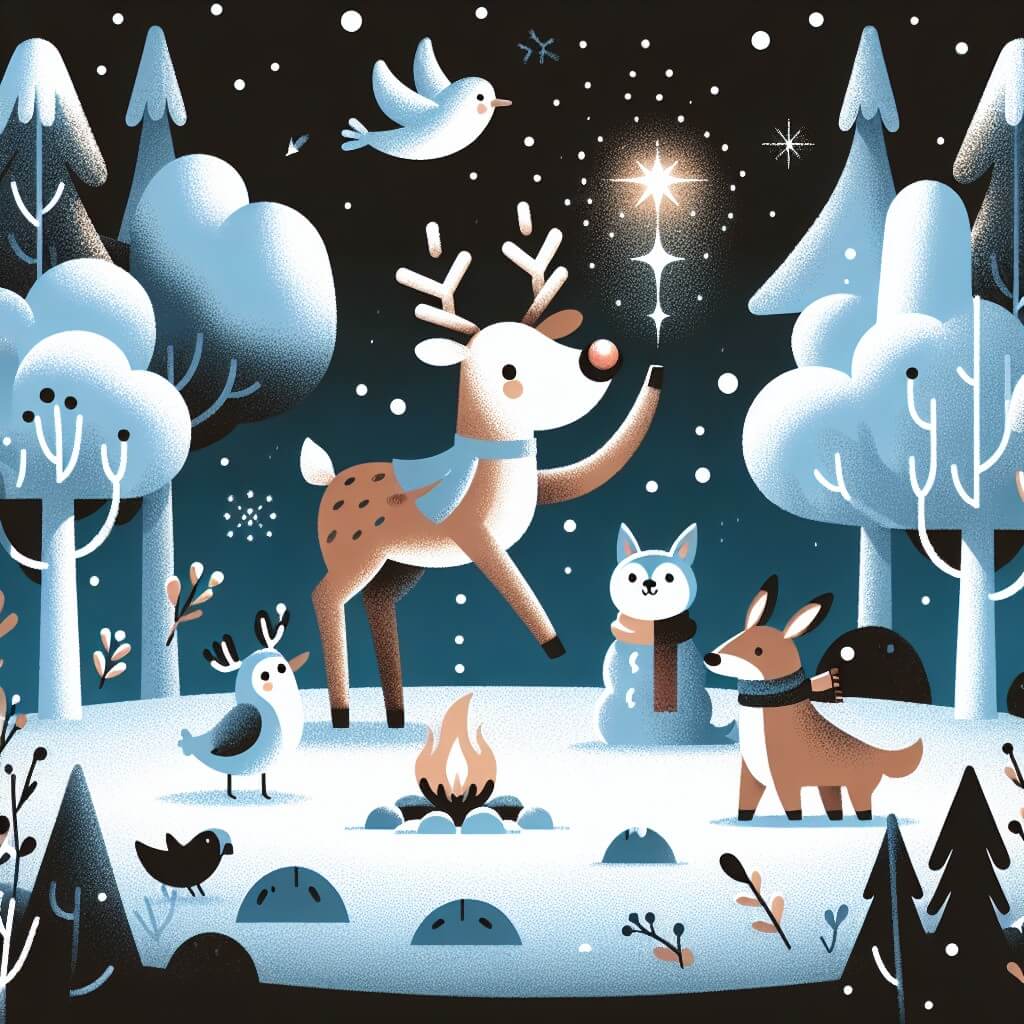 Une illustration destinée aux enfants représentant un renne au nez brillant, qui se trouve dans une forêt enchantée enneigée, accompagné d'un animal blessé, apportant la magie du Natale à tous les habitants de la forêt.