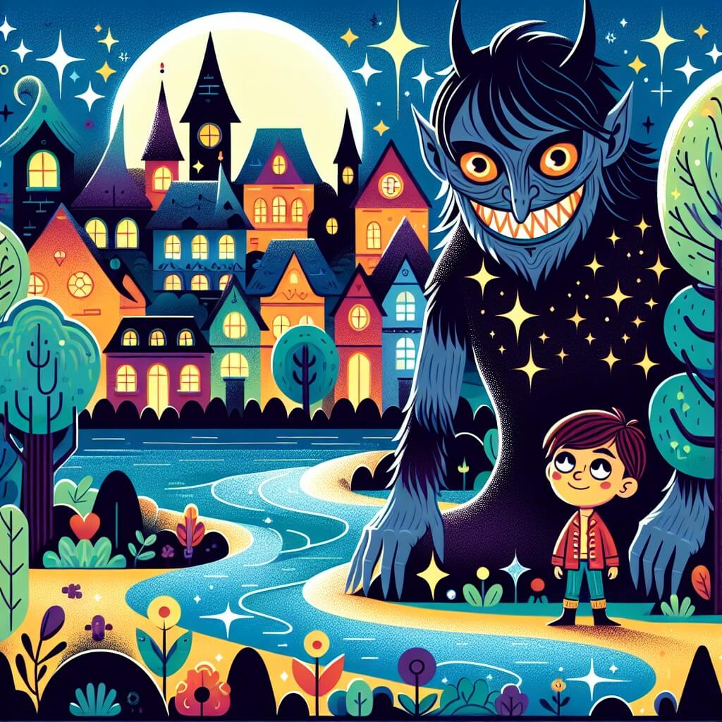 Une illustration destinée aux enfants représentant une mystérieuse créature aux cheveux sombres, aux yeux étincelants et aux dents pointues, se tenant dans une paisible ville enchantée remplie de maisons colorées, de rivières scintillantes et d'un magnifique bosquet magique, tandis qu'un petit garçon curieux l'observe avec un sourire chaleureux à ses côtés.