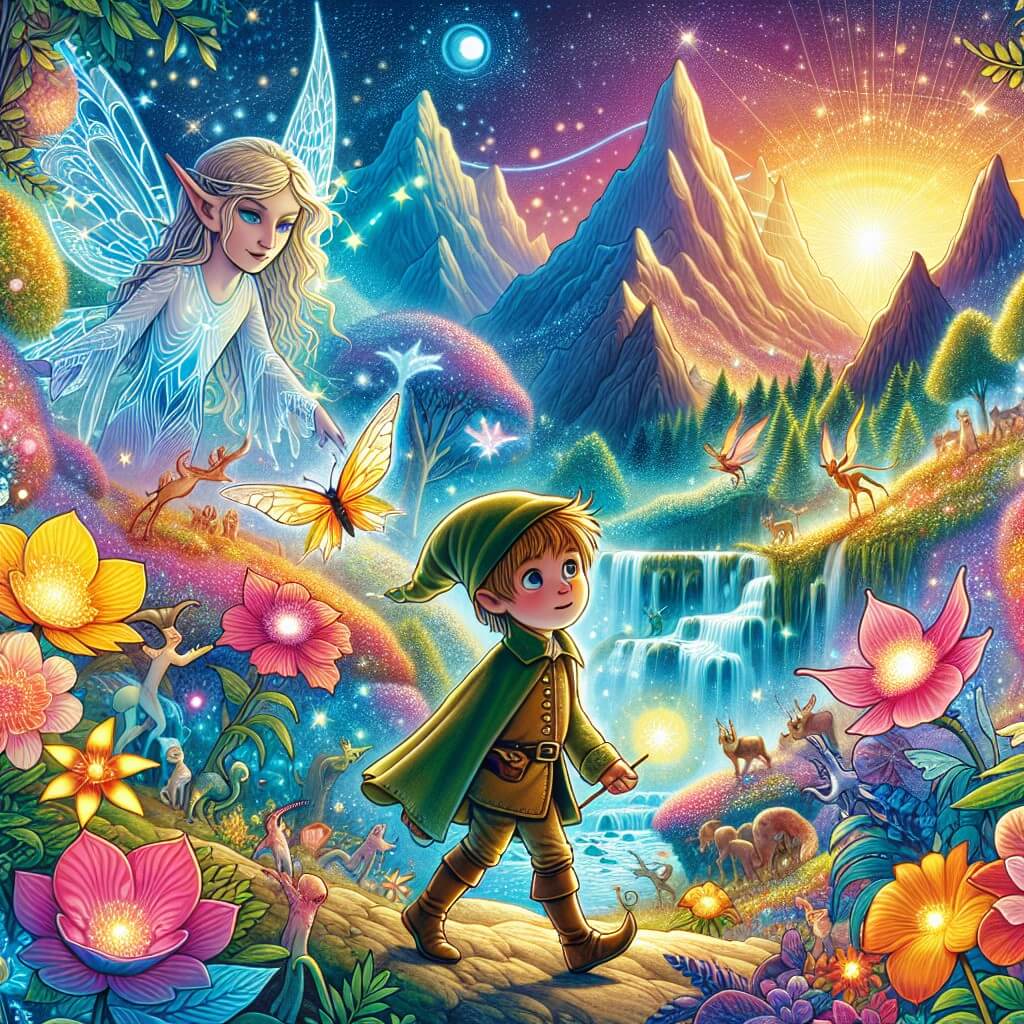 Une illustration destinée aux enfants représentant un jeune garçon curieux, accompagné d'un elfe magique, explorant un magnifique royaume empli de couleurs vives et de créatures extraordinaires, à la recherche d'une émotion perdue, dans un paysage féerique parsemé de fleurs lumineuses, cascades scintillantes et montagnes majestueuses.