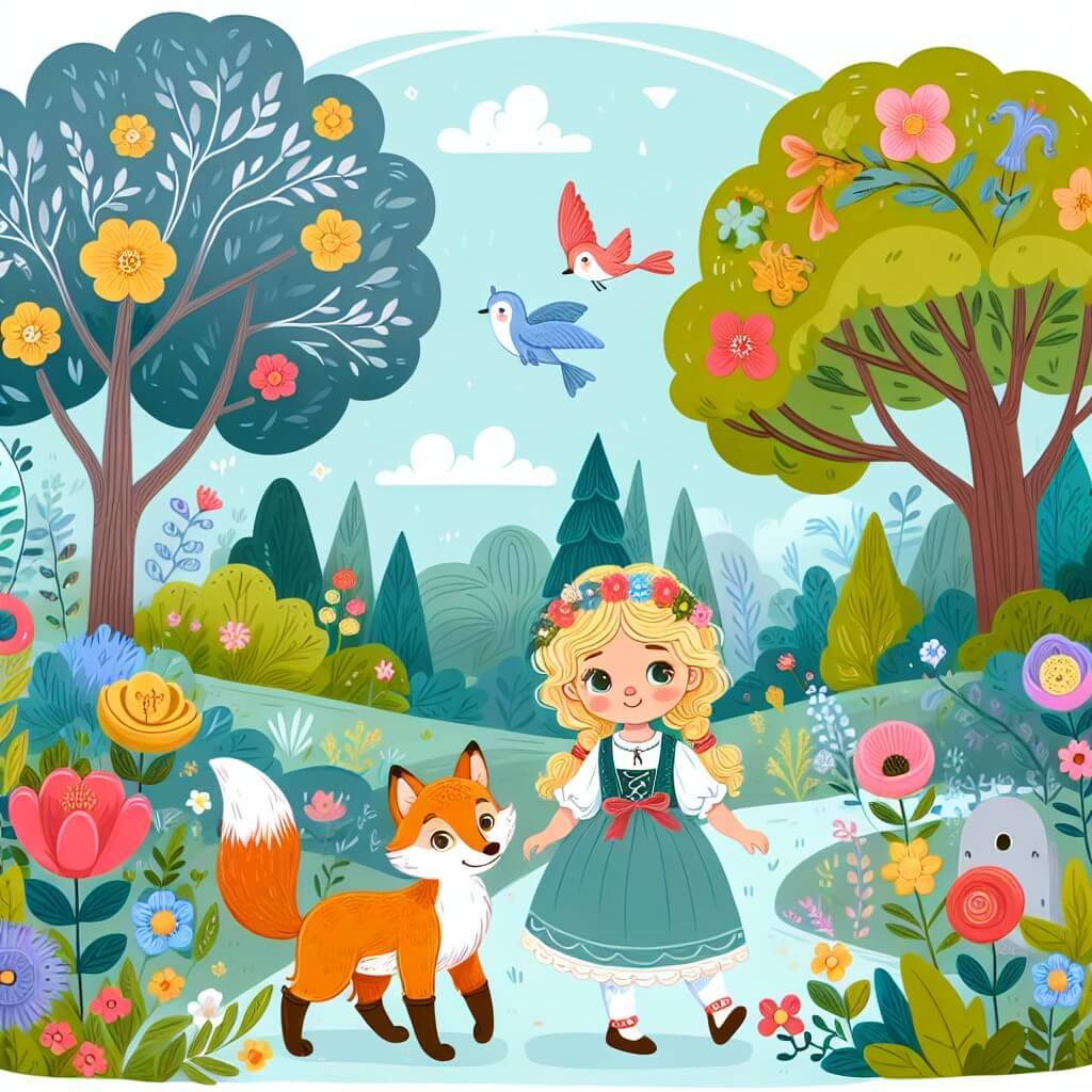 Une illustration destinée aux enfants représentant une jeune fille curieuse et rêveuse, accompagnée d'un petit renard espiègle, se promenant dans un jardin enchanté rempli de fleurs multicolores, d'arbres majestueux et d'animaux parlants.