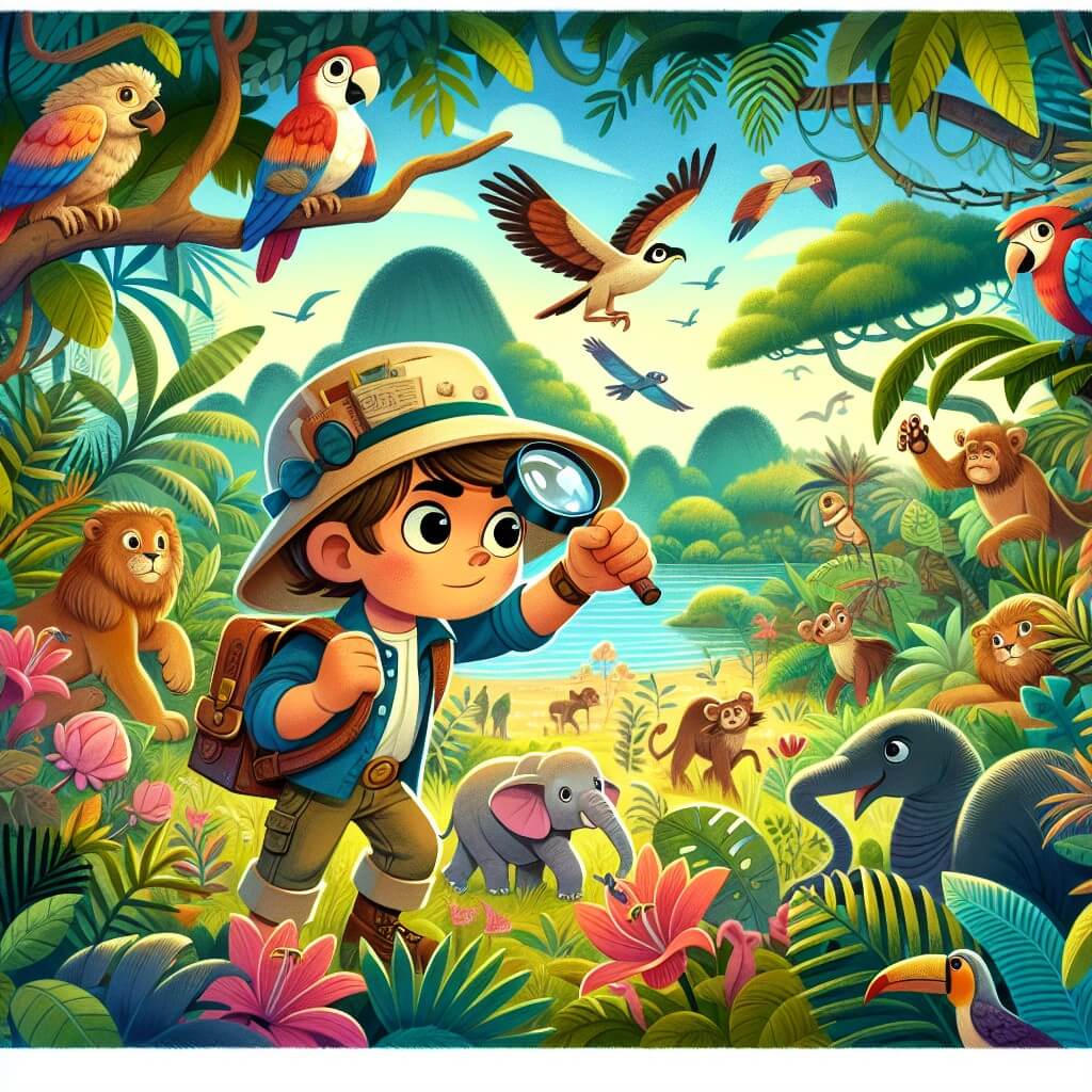 Une illustration destinée aux enfants représentant un jeune garçon intrépide, avec une casquette et une loupe, en train d'explorer une île mystérieuse et luxuriante, accompagné de sa sœur aventureuse, au milieu de la jungle dense et entouré d'animaux exotiques curieux.