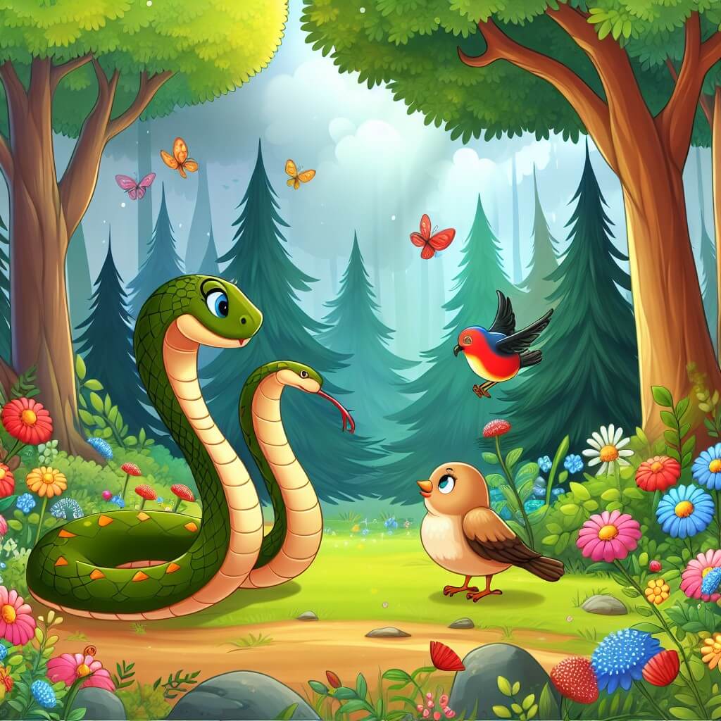 Une illustration destinée aux enfants représentant un serpent curieux et aventureux qui rencontre un oiseau parlant dans une forêt enchantée remplie d'arbres majestueux et de fleurs colorées.