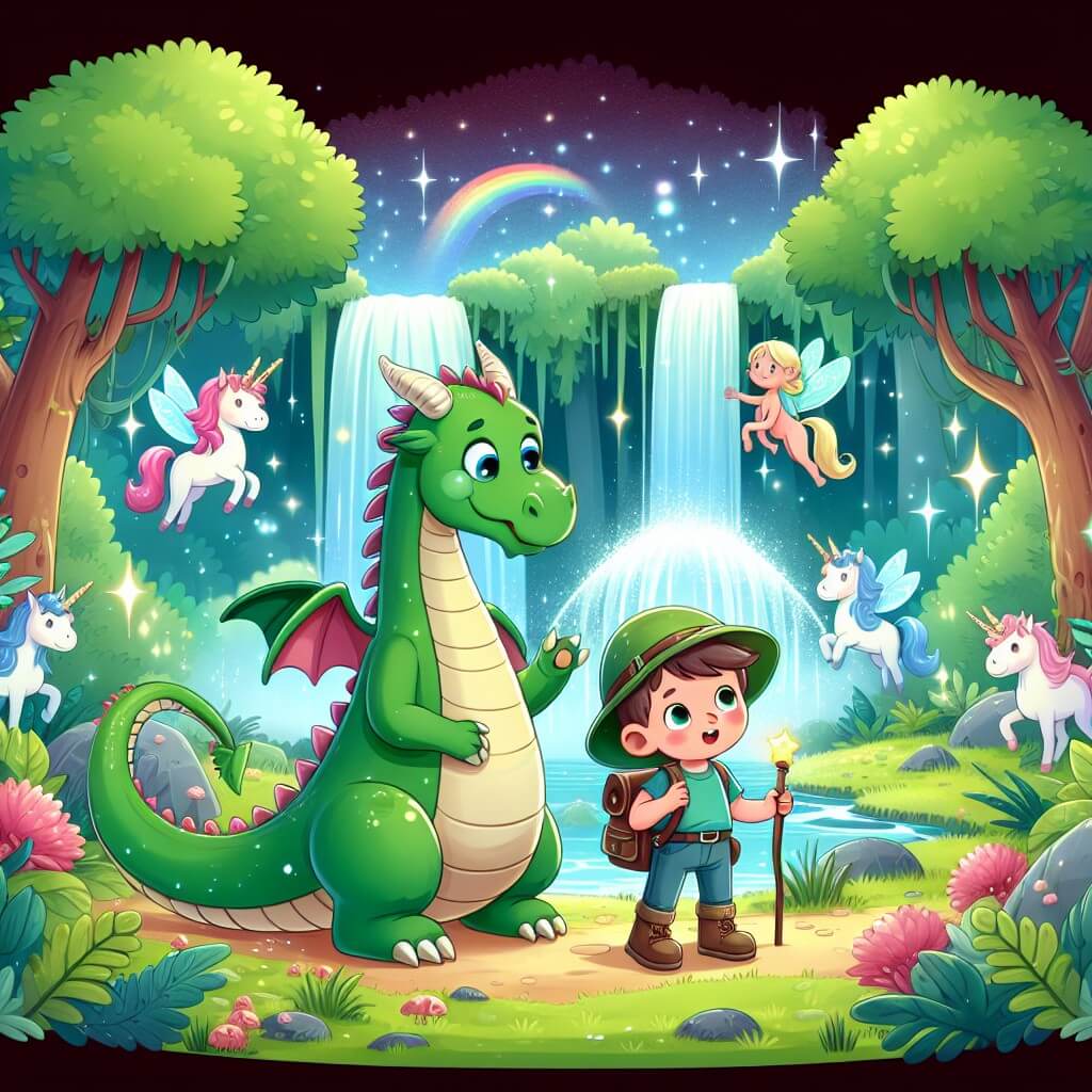 Une illustration destinée aux enfants représentant un adorable dragon vert égaré, accompagné d'un jeune explorateur, dans une forêt enchantée regorgeant de fées, de licornes et de cascades scintillantes.