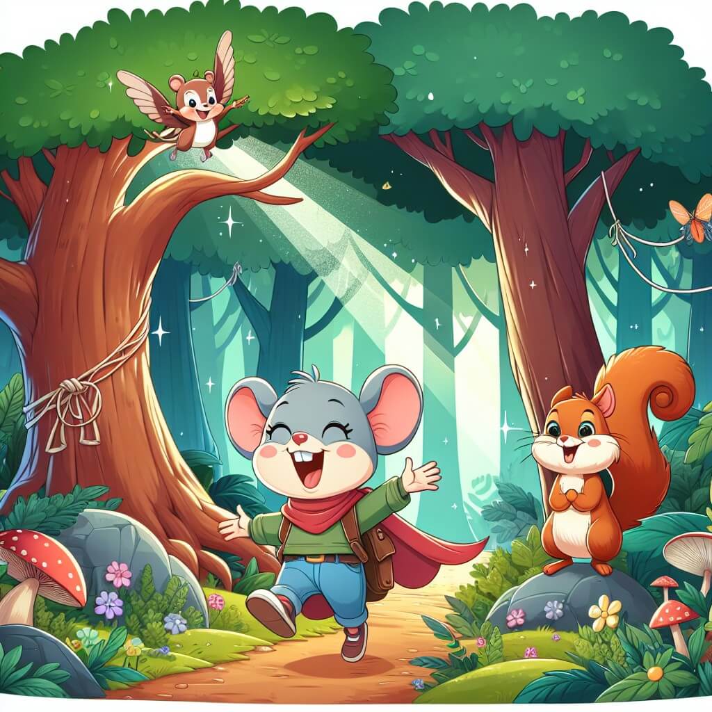 Une illustration destinée aux enfants représentant une souris intrépide, se trouvant dans une forêt enchantée remplie d'arbres majestueux et de créatures magiques, accompagnée d'un joyeux écureuil qui deviendra son fidèle compagnon d'aventure.