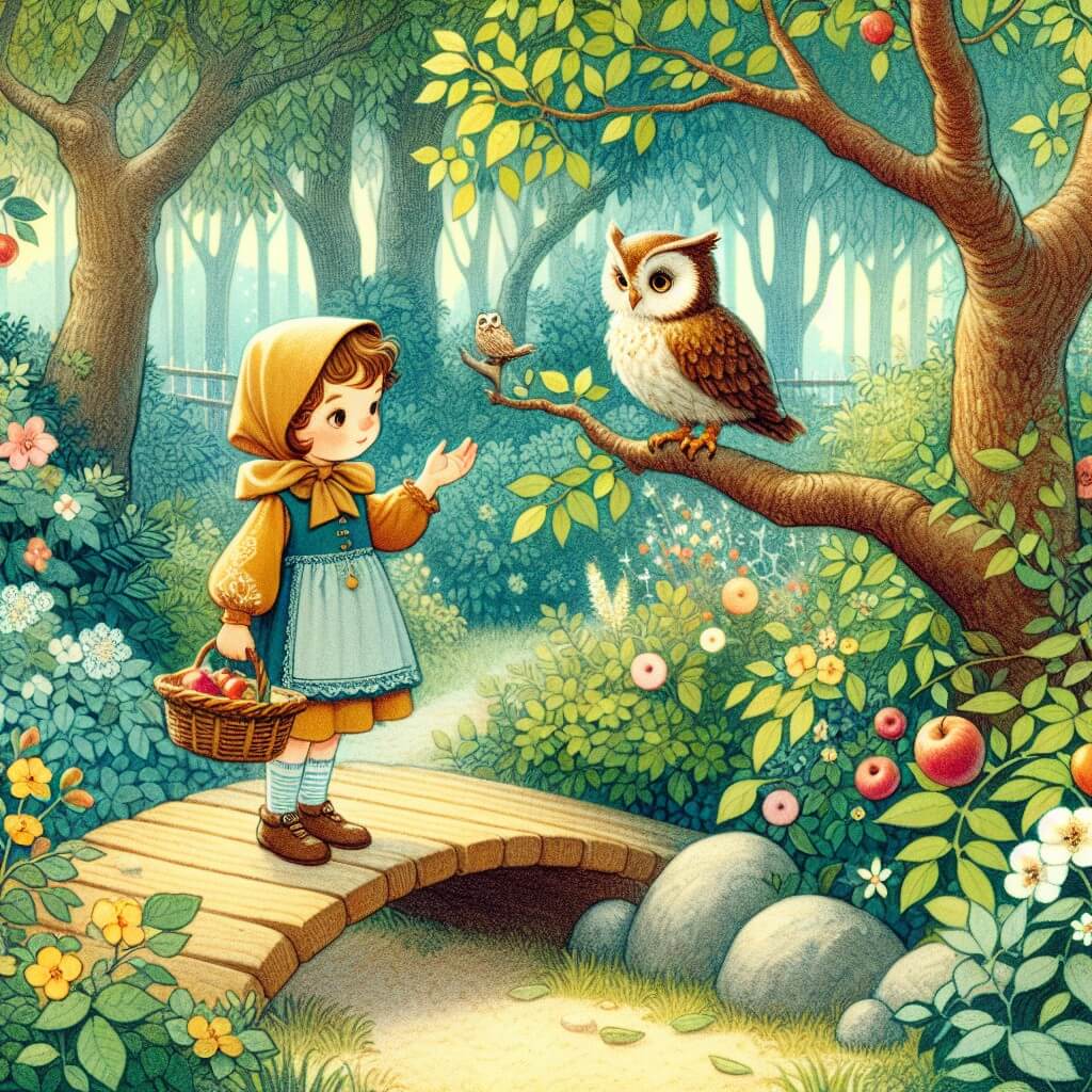 Une illustration destinée aux enfants représentant une jeune fille curieuse, se tenant sur un petit pont en bois au milieu d'un magnifique jardin enchanté, tandis qu'un sage hibou perché sur une branche lui délivre des conseils.