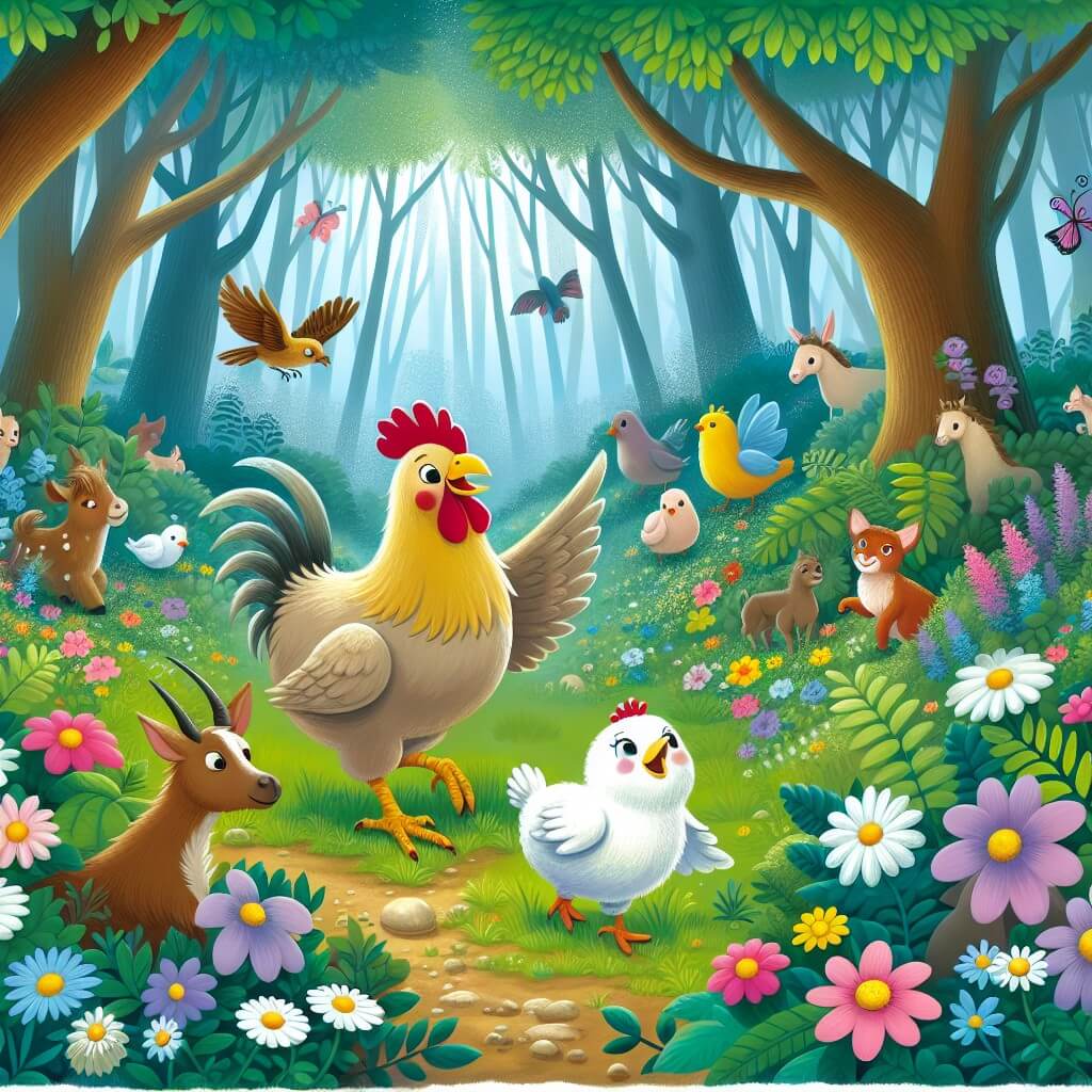 Une illustration destinée aux enfants représentant une petite poule intrépide et courageuse, accompagnée d'un oiseau blessé, découvrant un monde enchanté dans une forêt luxuriante parsemée de fleurs colorées et d'animaux féeriques.