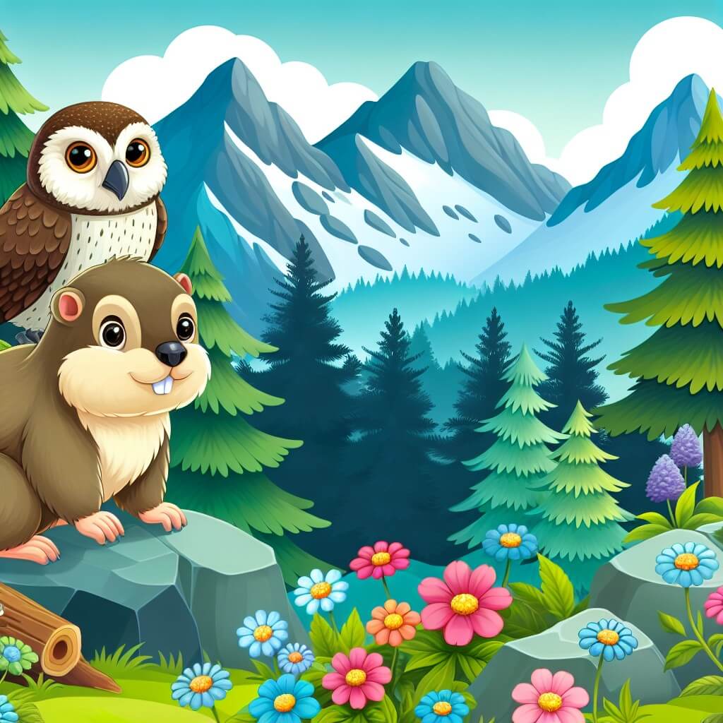 Une illustration destinée aux enfants représentant une marmotte curieuse et aventurière, accompagnée d'un sage gufo, explorant les profondes forêts des montagnes, entourées de majestueux arbres verts et de fleurs colorées.