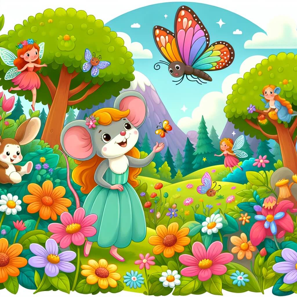 Une illustration destinée aux enfants représentant une souris intrépide, accompagnée d'une farfalla, qui explore un royaume féerique enchanté, rempli de fleurs colorées, d'arbres majestueux et de fées joyeuses.